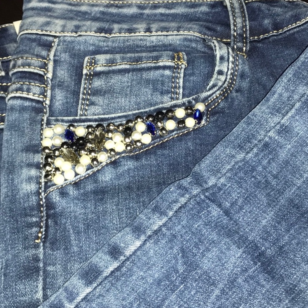 Stretch denim beaded pockets Sz 28/29